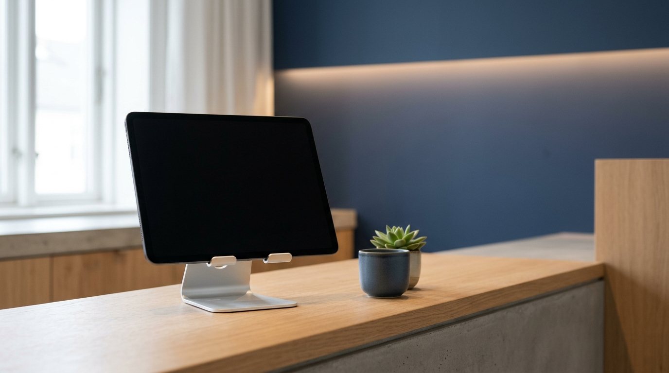 Een iPad met Receptie open op de balie van een kliniek